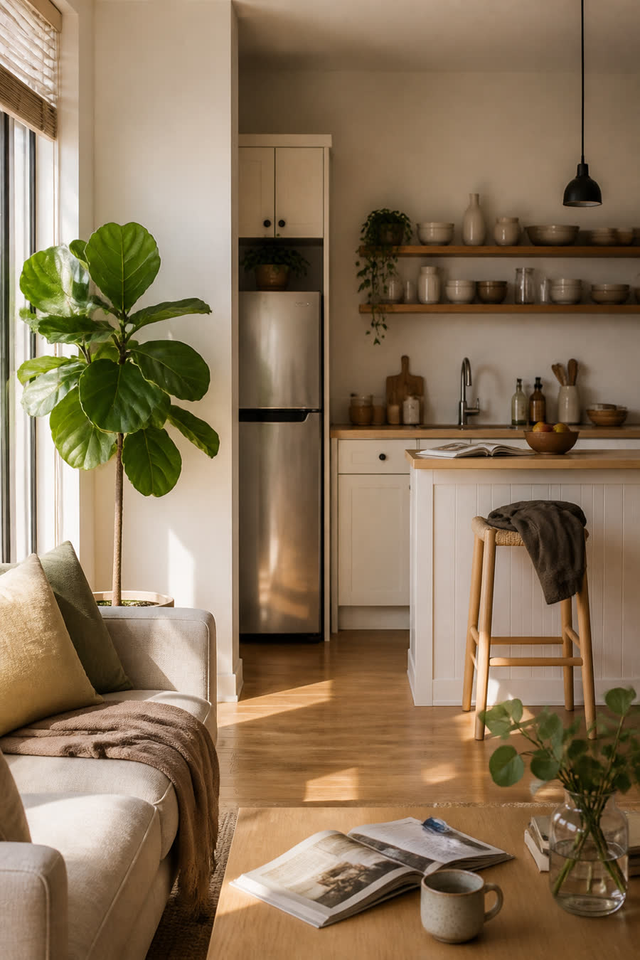 A bright, organized apartment living space and kitchen