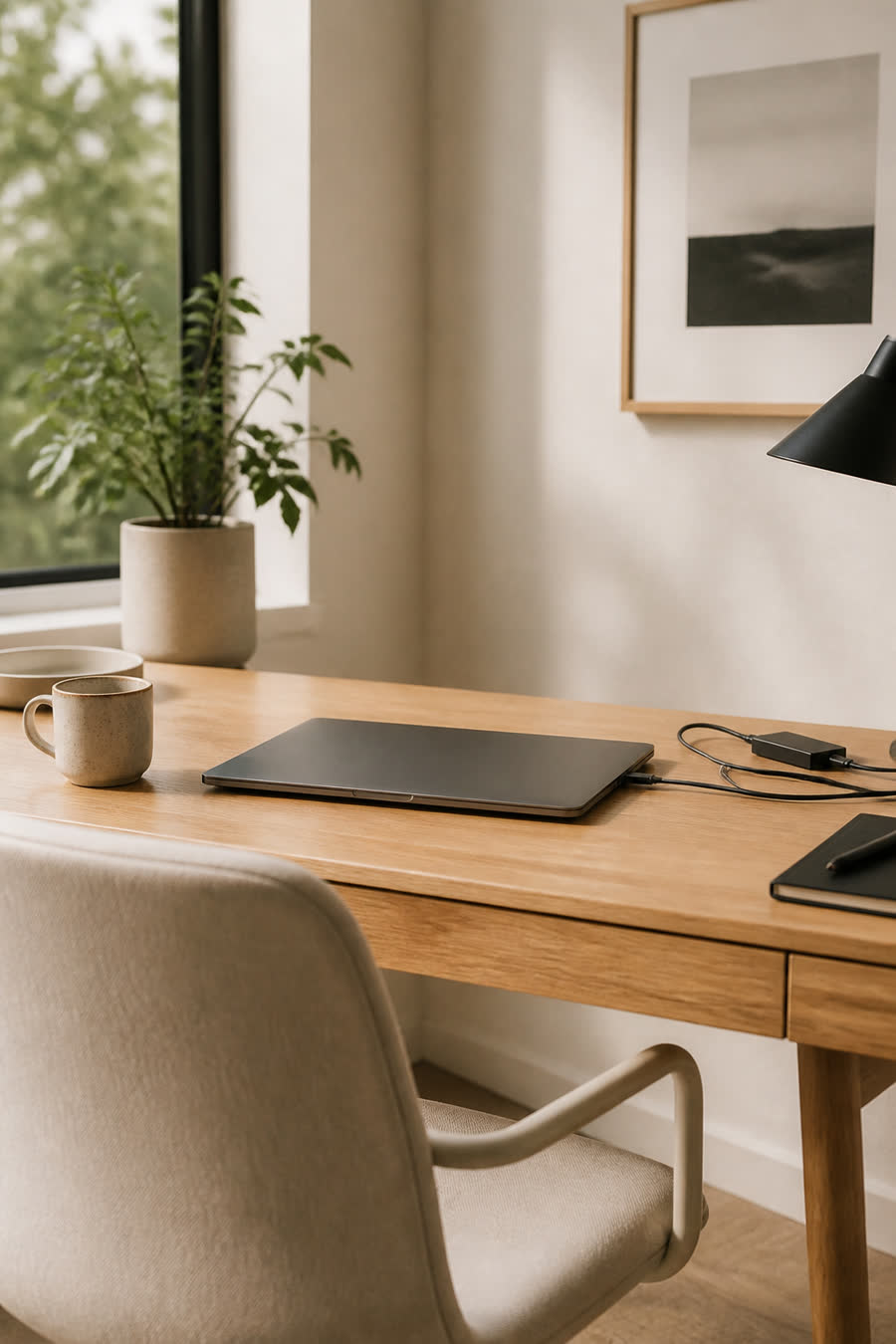 A calm modern home workspace with a wood desk